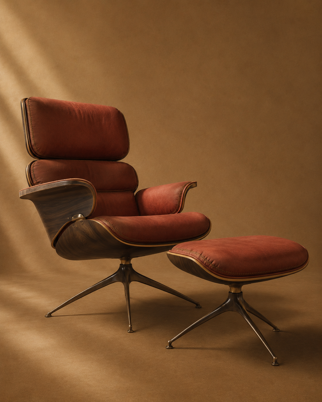 Lounge Nº 01 — terracotta nubuck and walnut shell with sculpted bronze base