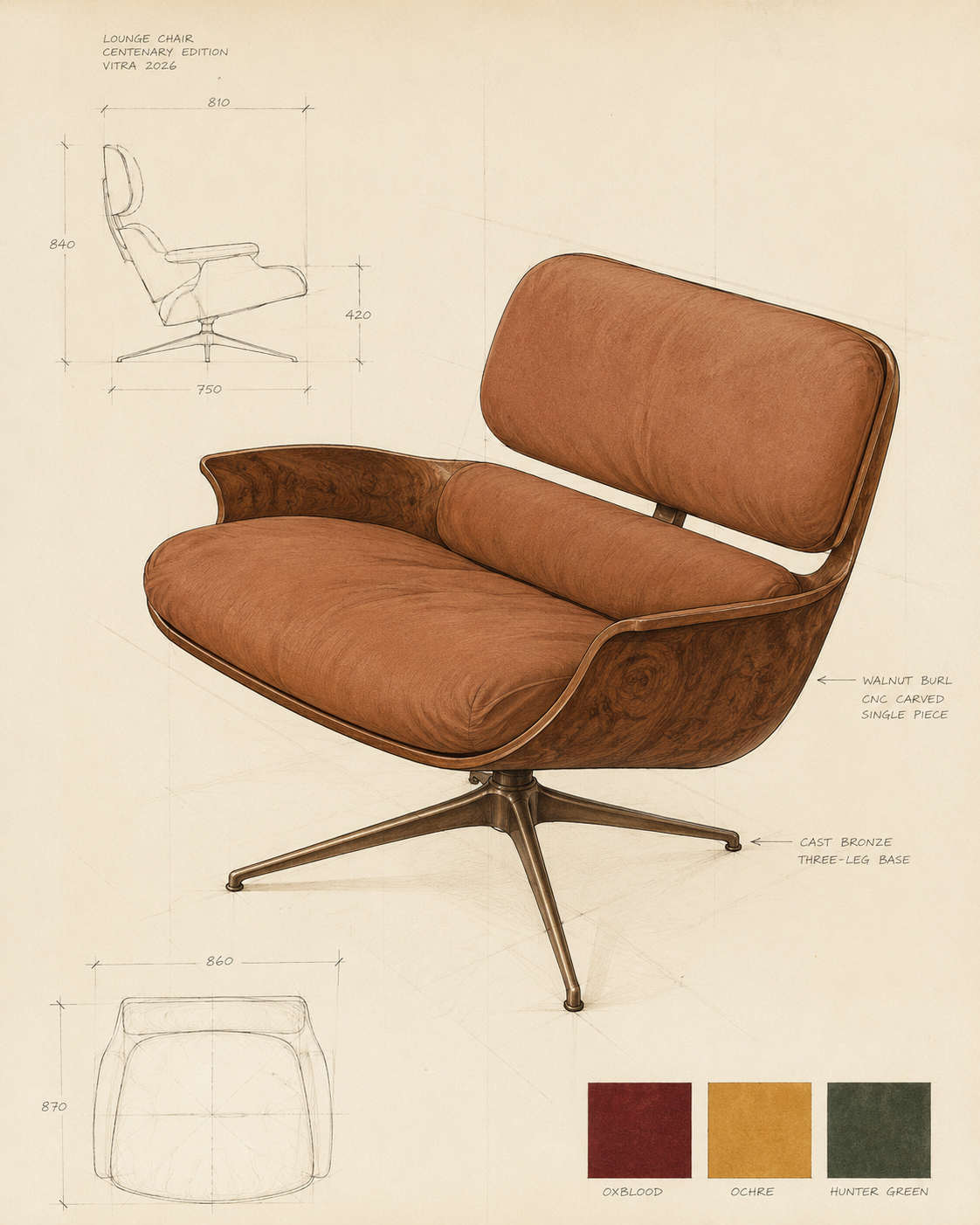 Architect's plate — construction notes, dimensions, and finish swatches for Lounge Nº 01